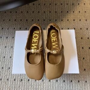 Loewe Tan Leather Mary Jane Flats with Gold Button